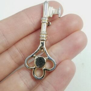 Vintage Silver Tone Skeleton Key Shape Brooch, Antique Style Lapel Pin, Estate